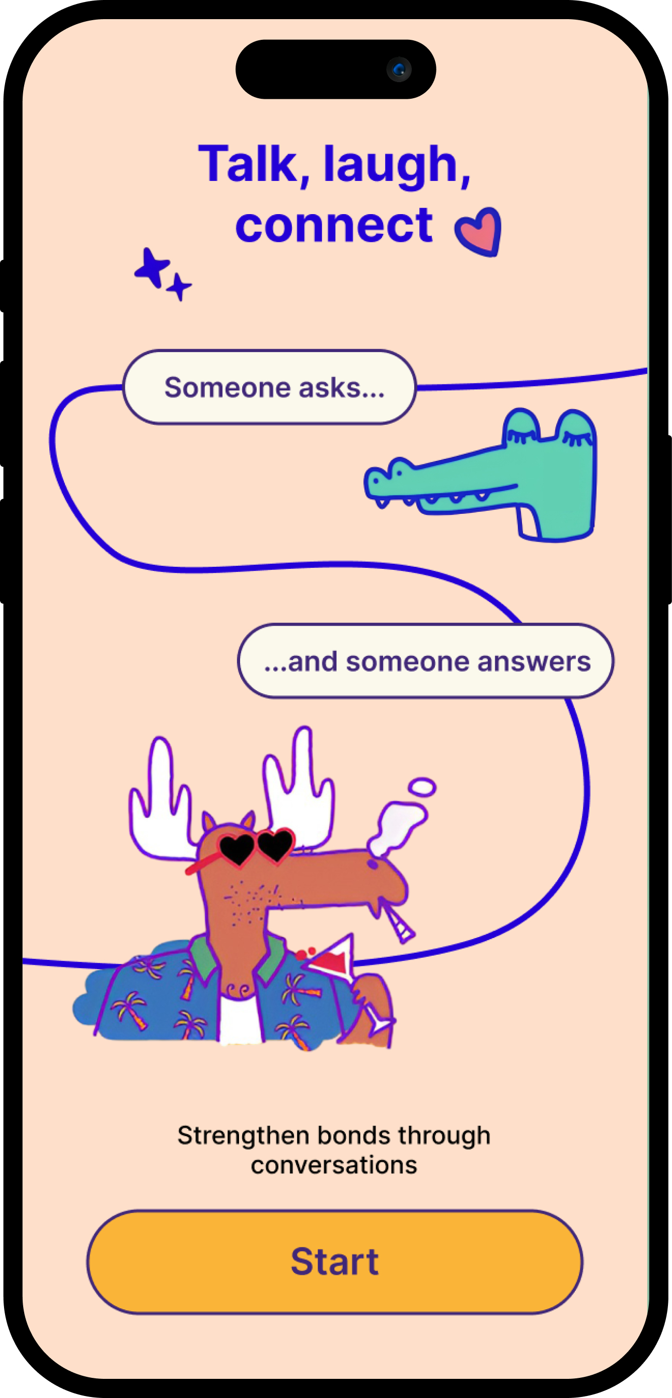 Talkypod app screenshot showing colorful interface with conversation prompts